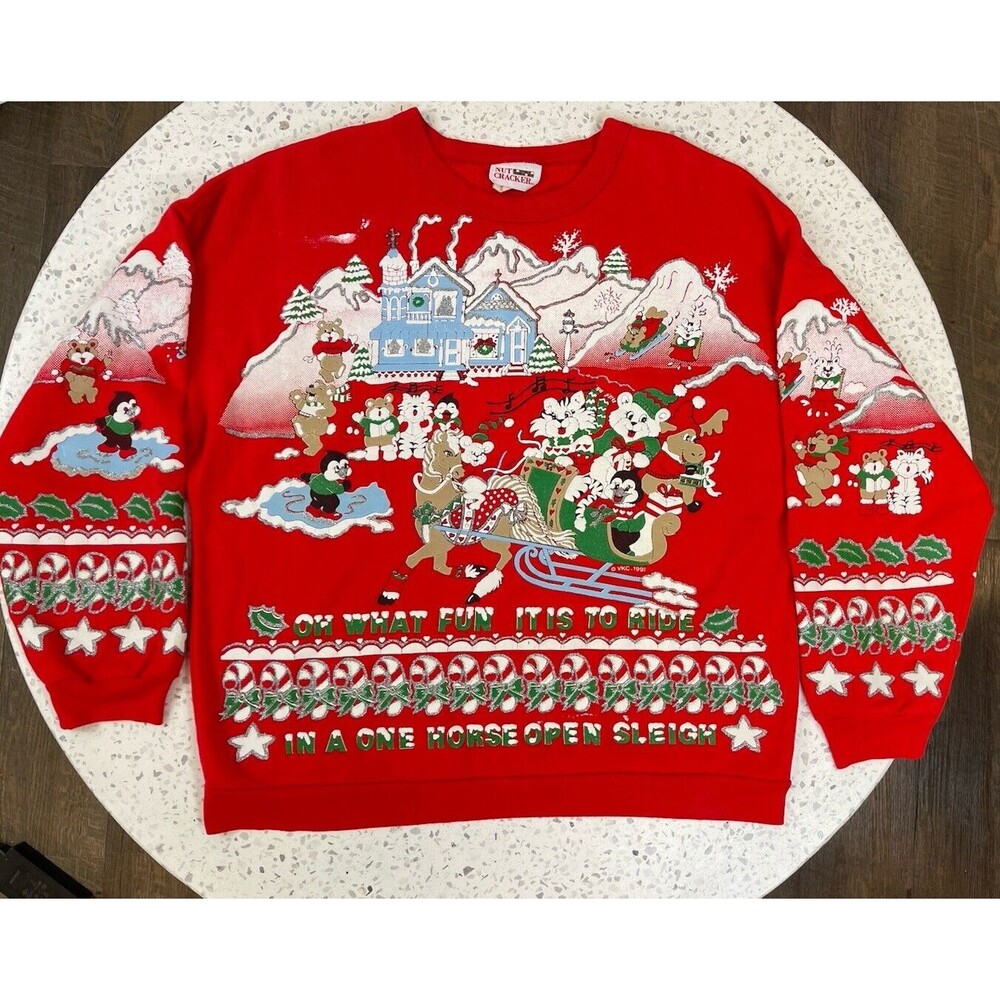 VINTAGE VKC 1991 Nutcracker Puff Paint Panda Christmas Sweatshirt Red Ugly Bear